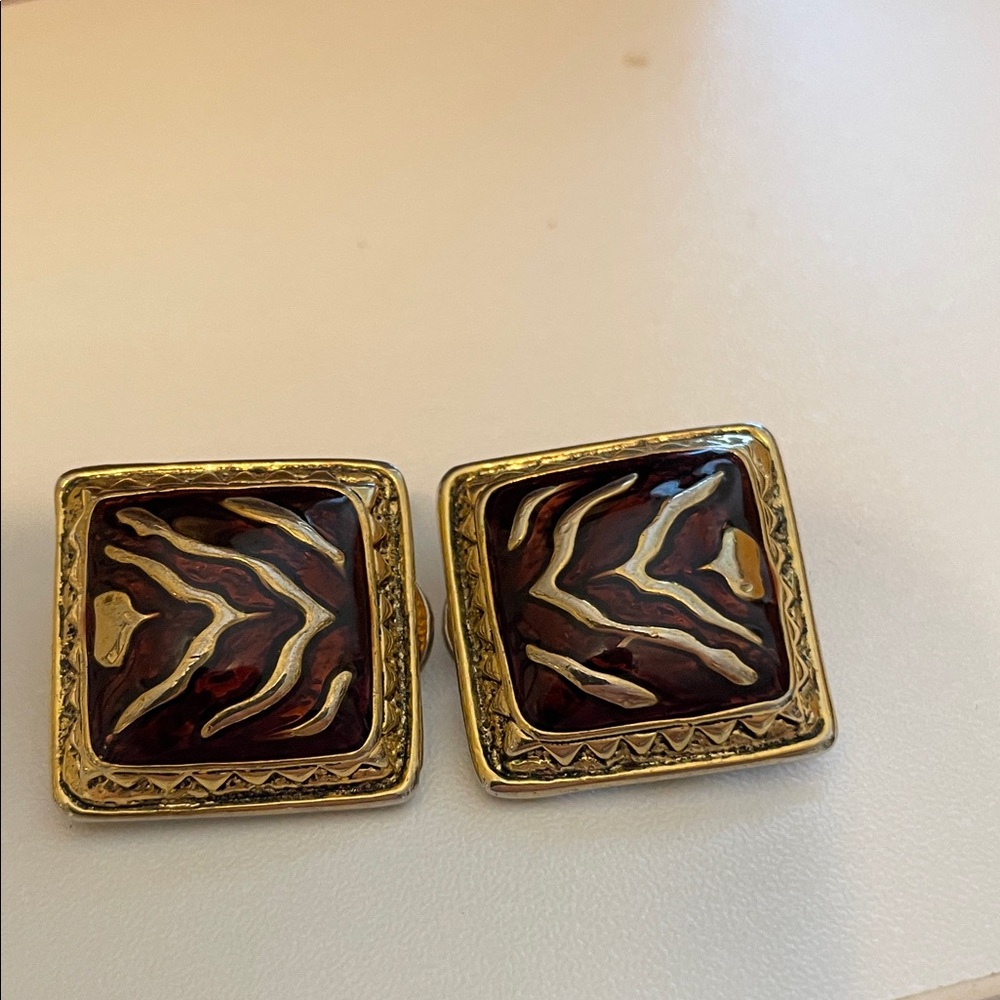 Gold and Brown Square Earrings